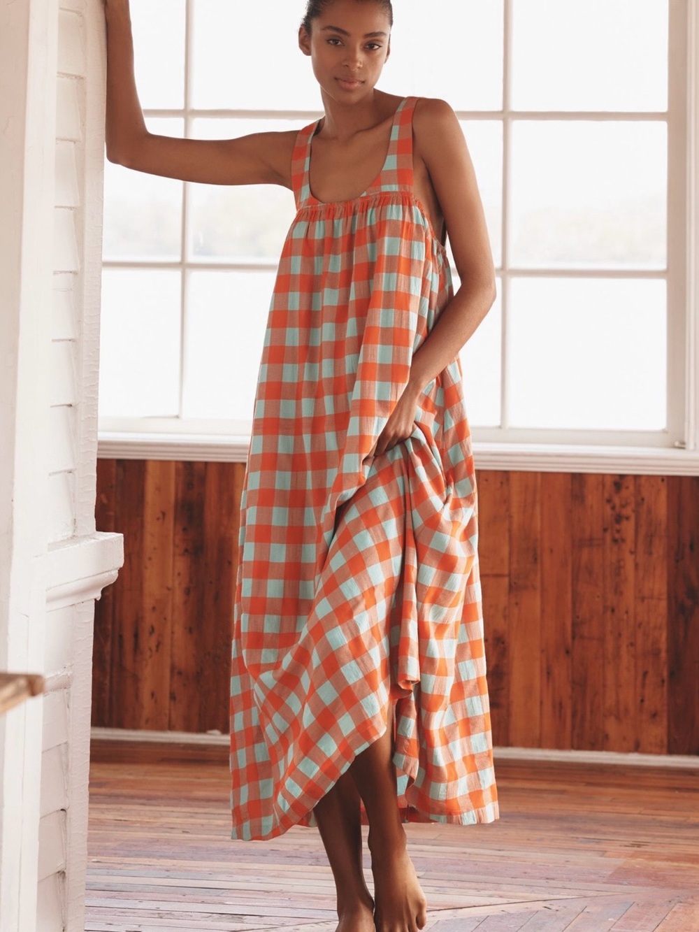 Anthropologie Orange and Light Blue Gingham Maxi Dress